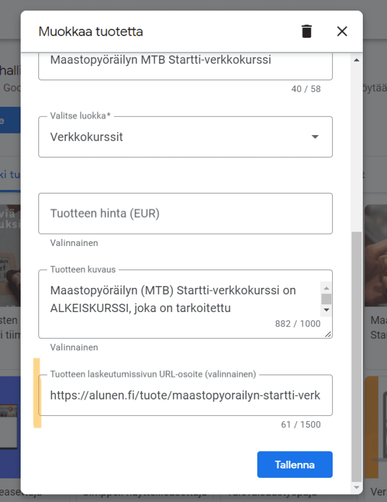 Google-yritysprofiilin tuotteisiin kannattaa tehdä linkitys tuotekortille Alunen.fi-verkkokauppaan.
