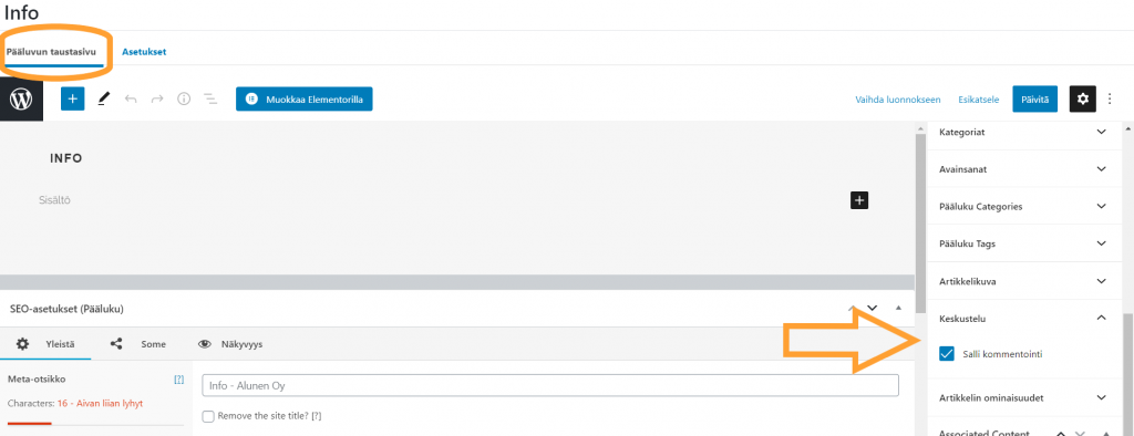 Kommentoinnin salliminen sivuilla.