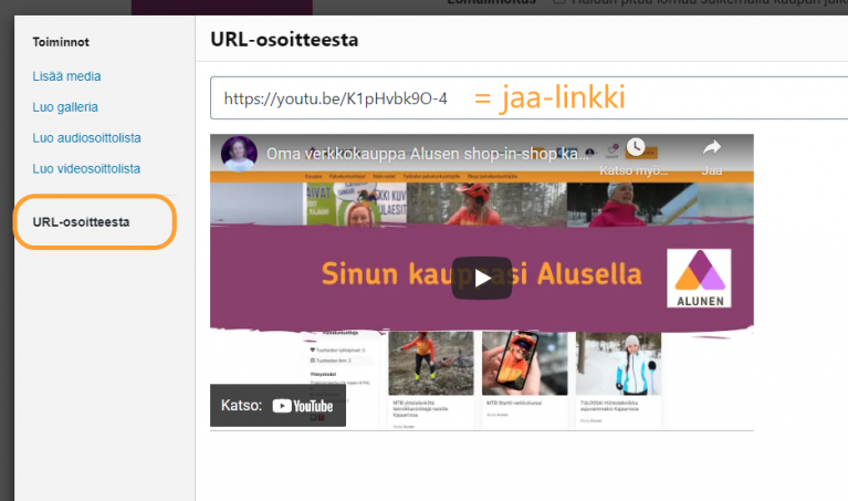 Videon upottaminen kauppasivulle liikunnan ja hyvinvoinnin Alusella.