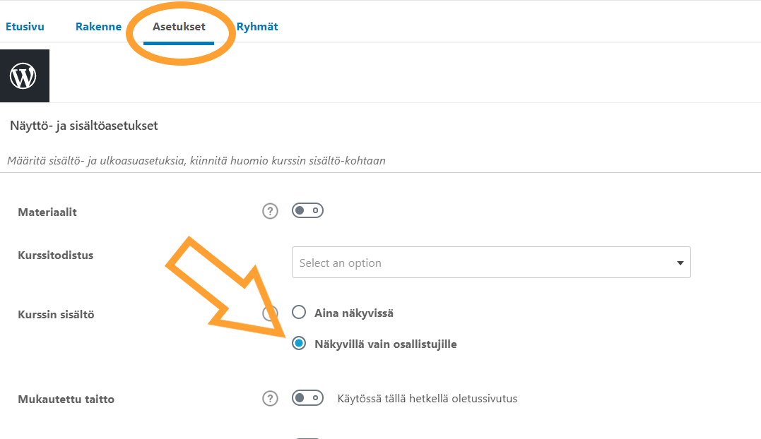 Kurssin etusivulta piilotetaan automaattinen sisältörakenne.