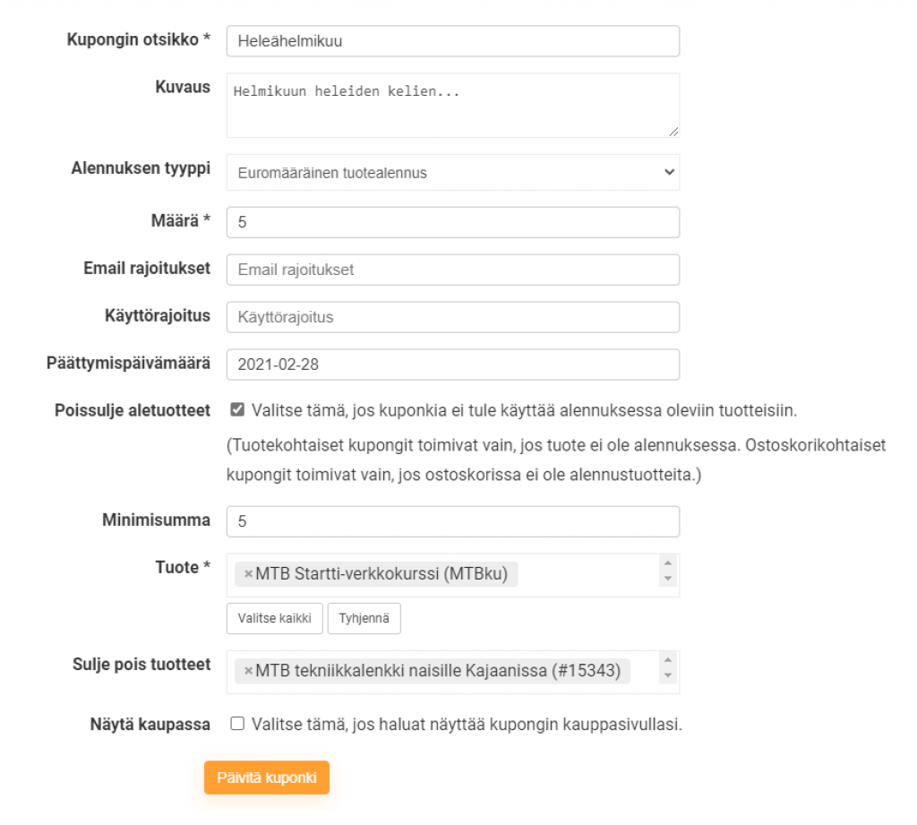 Alennuskupongin tekeminen Alusen verkkokauppaan.