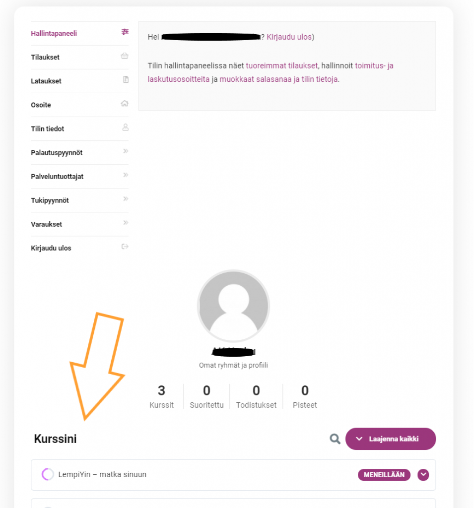 Näet tekemäsi ostot ja kurssisi omalta sivulta Alusen verkkokaupassa.