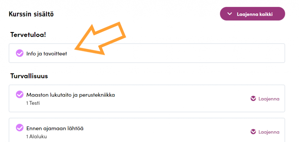 Kurssin otsikkoa klikkaamalla pääsee kurssin sisältöihin.