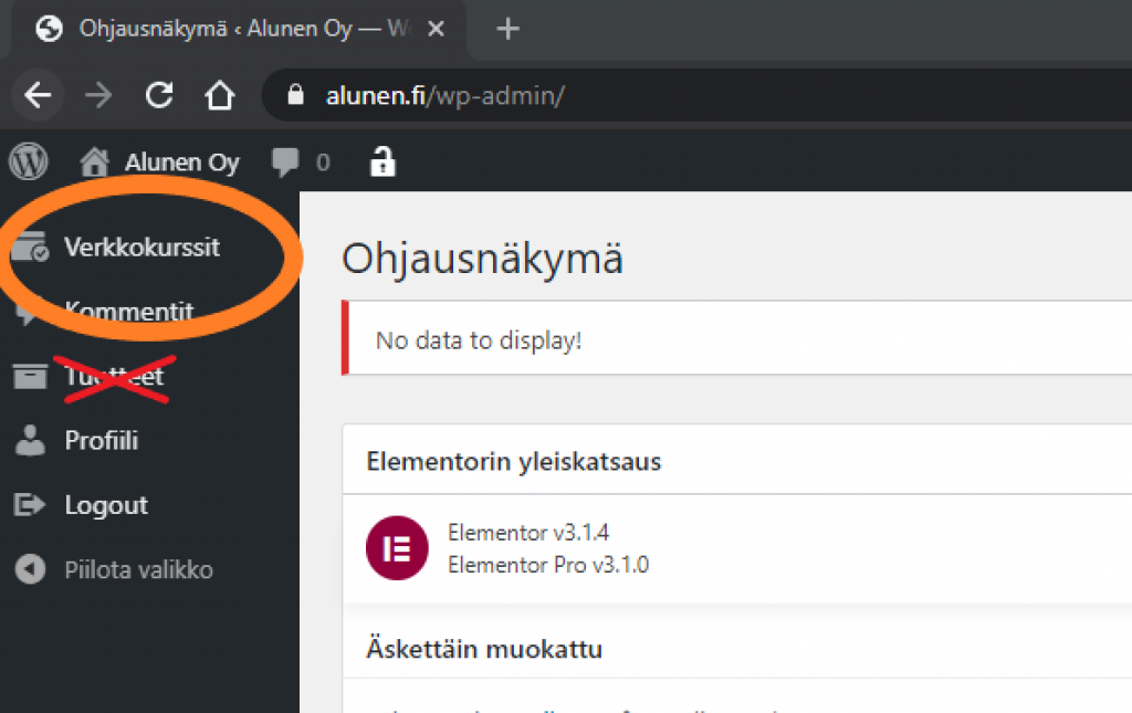 Verkkokurssien hallinta Alusen kurssialustalla.